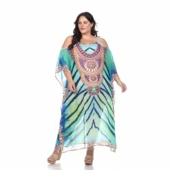 White Mark Clothing Dresses Plus Size Cold Shoulder Multi Print Long Sheer Caftan