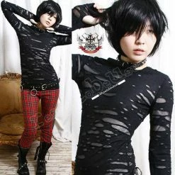 Refuse To Be Usual Standard Tops Punk Distressed Broken Mummy Corroded Raggedy Sheer Thumb Hole Mitten Shirt