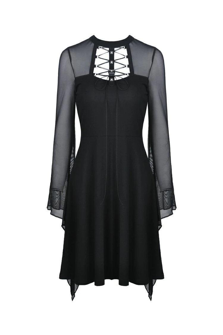 Dark In Love Dresses Punk Goth Mesh Horn Long Sleeves Lace Up Hollow Out Midi Dress - Image 2