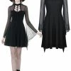 Dark In Love Dresses Punk Goth Mesh Horn Long Sleeves Lace Up Hollow Out Midi Dress