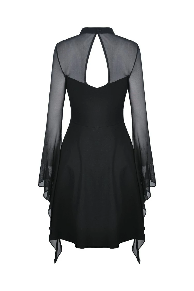 Dark In Love Dresses Punk Goth Mesh Horn Long Sleeves Lace Up Hollow Out Midi Dress - Image 3