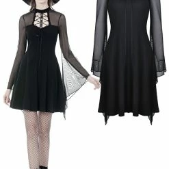 Dark In Love Dresses Punk Goth Mesh Horn Long Sleeves Lace Up Hollow Out Midi Dress