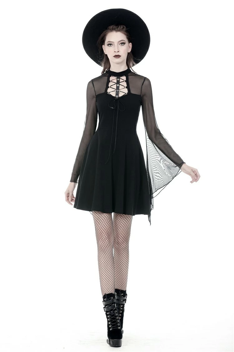 Dark In Love Dresses Punk Goth Mesh Horn Long Sleeves Lace Up Hollow Out Midi Dress - Image 4