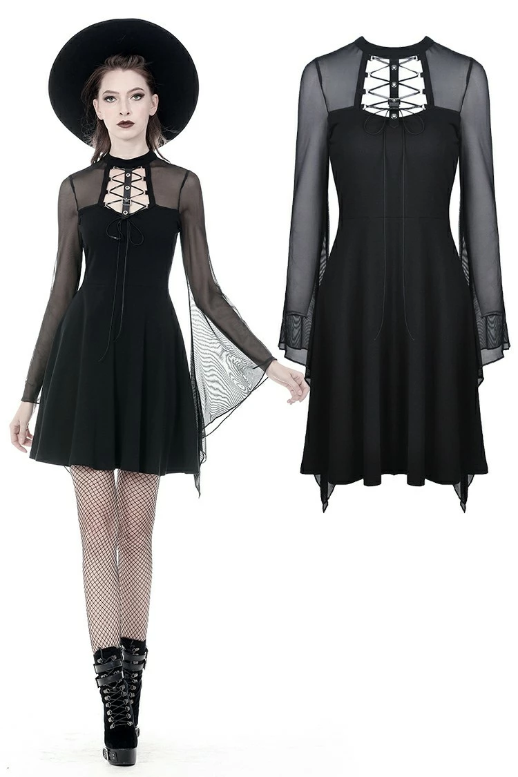 Dark In Love Dresses Punk Goth Mesh Horn Long Sleeves Lace Up Hollow Out Midi Dress