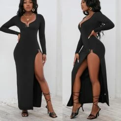 RebelsMarket Dresses Streetwear Women Black High Fork High Stretch Wrap Hip Dress /V935#