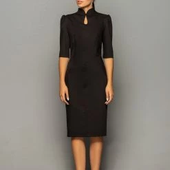 RebelsMarket Dresses Qipao Modest Pencil Dress, Black Cocktail Cheongsam Dress
