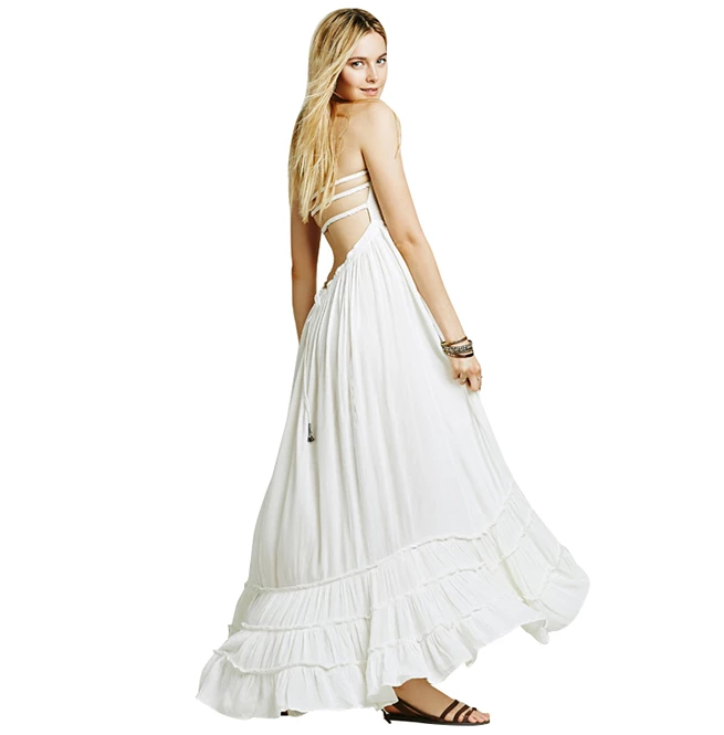 RebelsMarket Dresses Vintage Retro Boho Bohemian Open Back Ruffle Halter Maxi Dress - Image 4