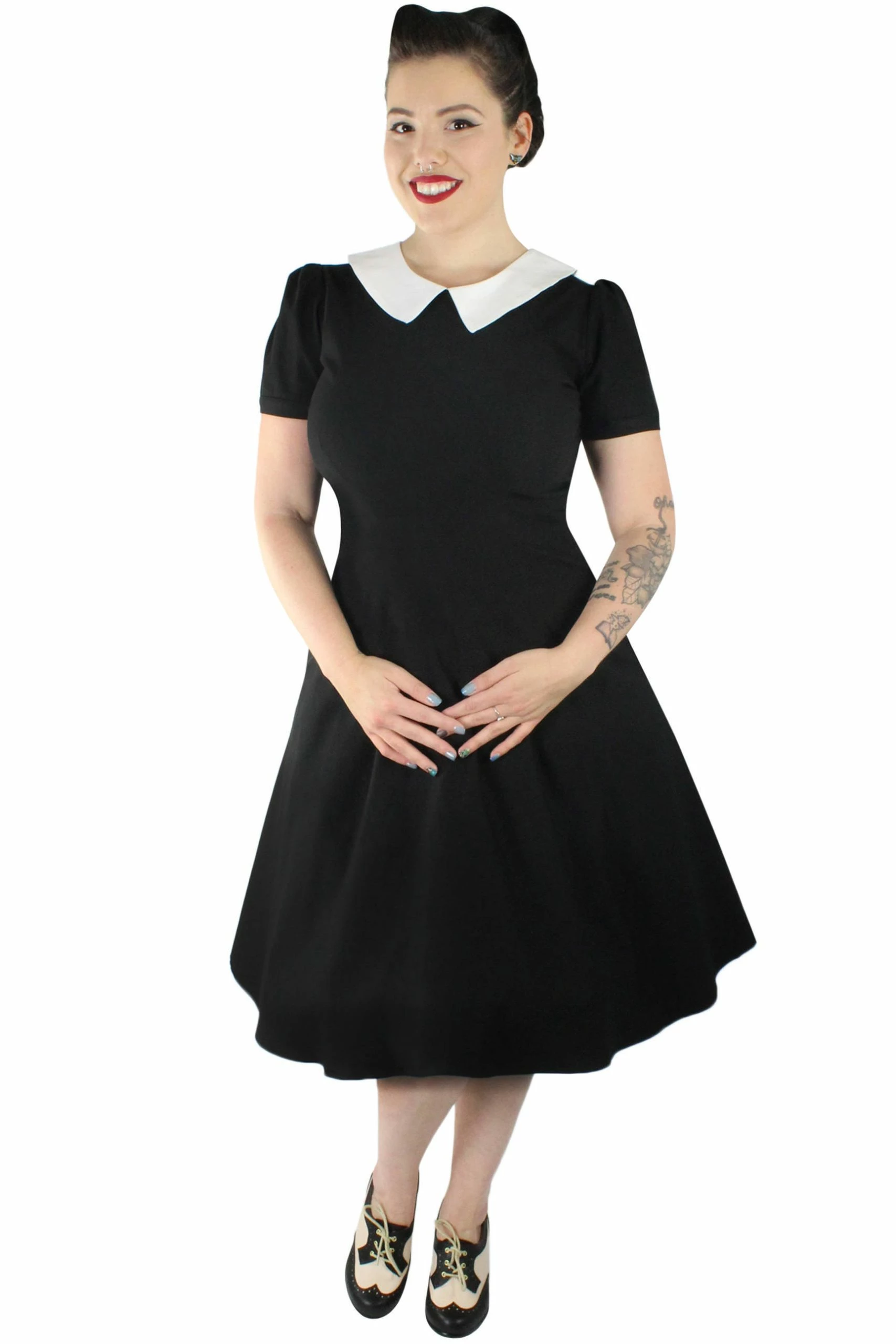 RebelsMarket Dresses Vintage Inspired Black & White Pointy Collar Dress | X Small To 4 Extra Lrg - Image 2