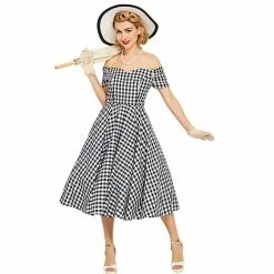FashionSprout Dresses Pin-up Rockabilly Vintage Retro White Plaid Off Shoulder Pin Up Dress