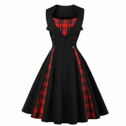 RebelsMarket Dresses Red Plaid Sleeveless Rockabilly Dress