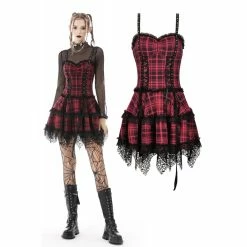 Dark In Love Dresses Red Steampunk Plaid Lace Tri Mini Dress