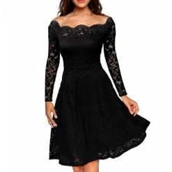 RebelsMarket Dresses Vintage Retro Sexy A-line Slash Neck Pleated Lace Dress