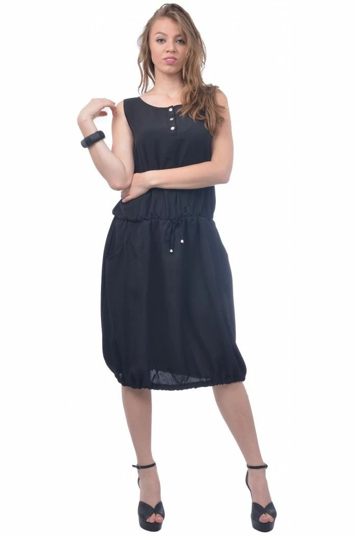 RebelsMarket Dresses Black Sleeveless Dress, Balloon Dress, Knee Length Dress, Flaved Dress