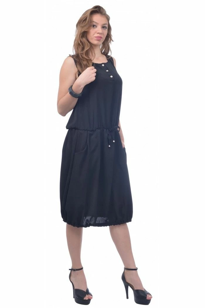 RebelsMarket Dresses Black Sleeveless Dress, Balloon Dress, Knee Length Dress, Flaved Dress - Image 3