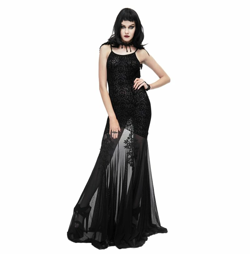 Eva Lady Dresses Gothic Vintage Retro Sexy Spaghetti Strap Black Jacquard Backless Wing Mesh Patchwork Long Dress - Image 2