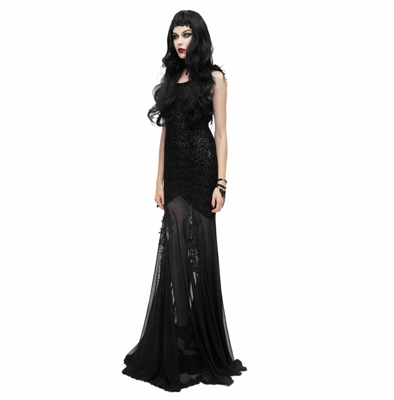 Eva Lady Dresses Gothic Vintage Retro Sexy Spaghetti Strap Black Jacquard Backless Wing Mesh Patchwork Long Dress - Image 3