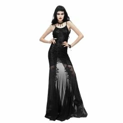 Eva Lady Dresses Gothic Vintage Retro Sexy Spaghetti Strap Black Jacquard Backless Wing Mesh Patchwork Long Dress
