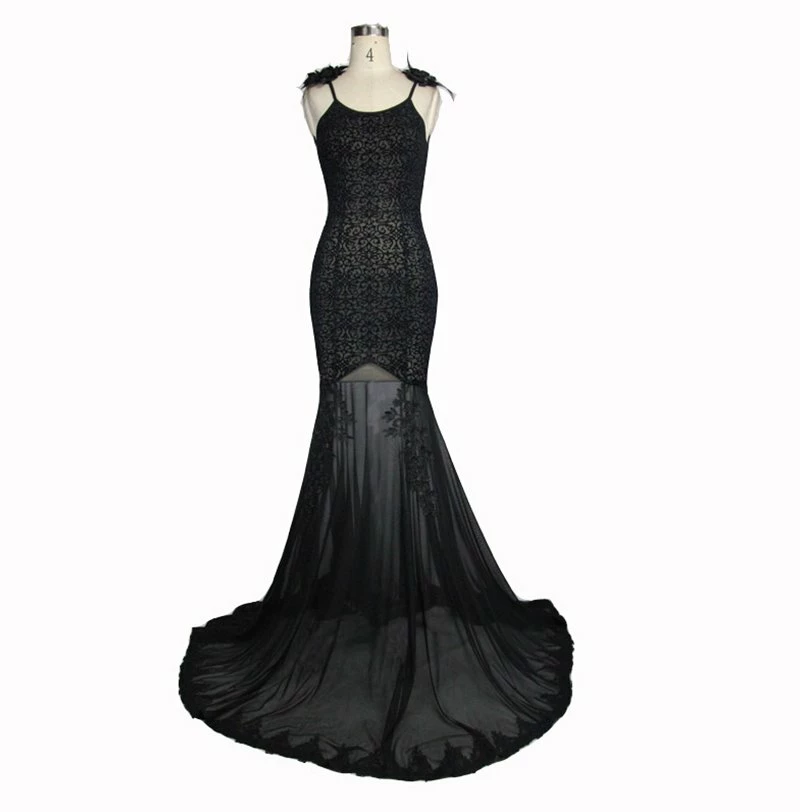 Eva Lady Dresses Gothic Vintage Retro Sexy Spaghetti Strap Black Jacquard Backless Wing Mesh Patchwork Long Dress - Image 5