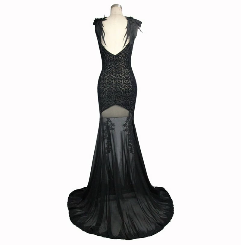 Eva Lady Dresses Gothic Vintage Retro Sexy Spaghetti Strap Black Jacquard Backless Wing Mesh Patchwork Long Dress - Image 6