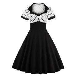 RebelsMarket Dresses Steampunk Vintage & Retro Short Sleeve Square Collar Polka Dot Party Dress