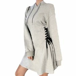 RebelsMarket Dresses Side Lace Up Long Sleeve Hooded Mini Dress