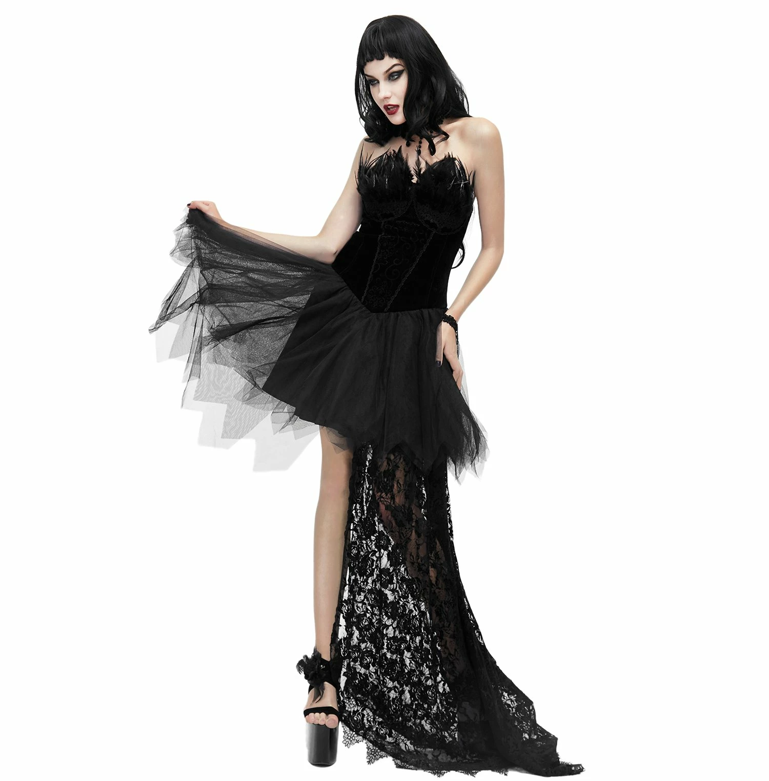Eva Lady Dresses Gothic Sleeveless Black Patch Design Back Lacing Asymmetric Hem Corset Dress - Image 4