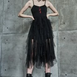 Punk Rave Dresses Sleeveless Layered Mesh Black Dress