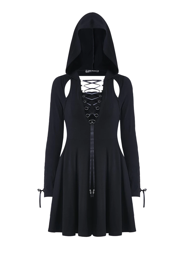 Dark In Love Dresses Slit Lace Up Sleeves Chest Pleated Punk Gothic Hooded Dress - Image 2