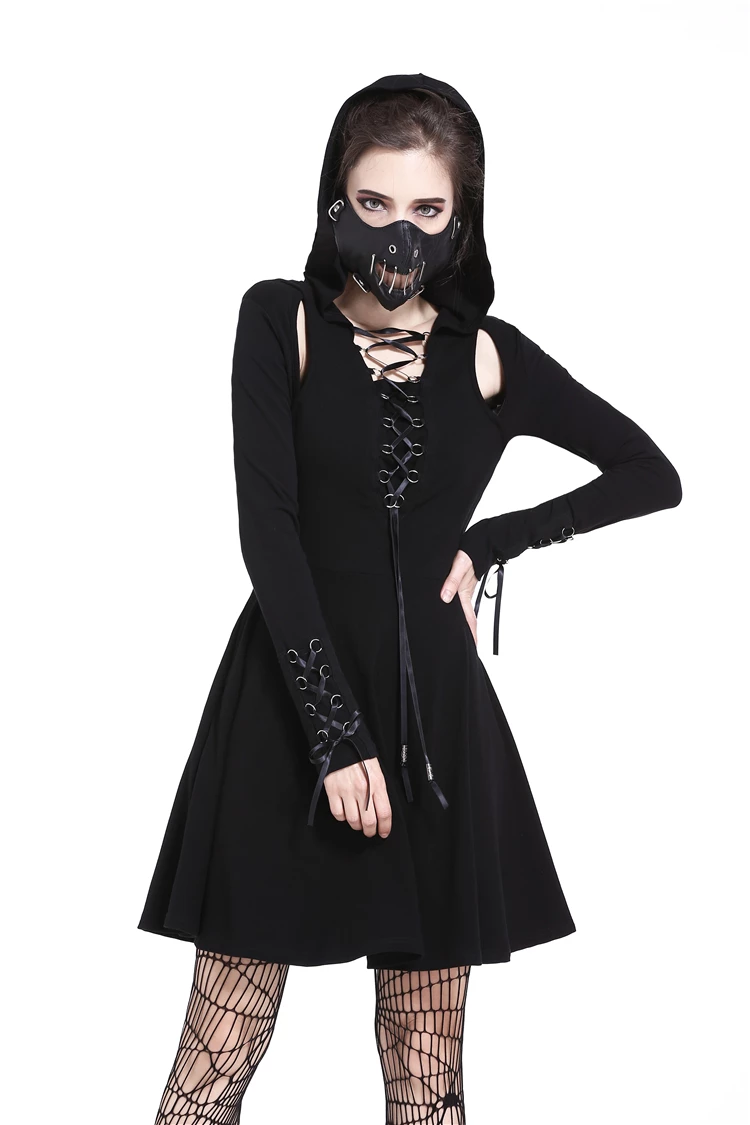 Dark In Love Dresses Slit Lace Up Sleeves Chest Pleated Punk Gothic Hooded Dress - Image 4