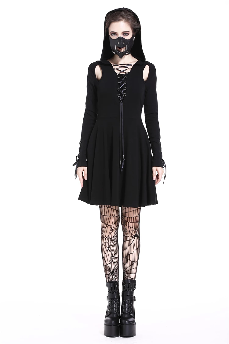 Dark In Love Dresses Slit Lace Up Sleeves Chest Pleated Punk Gothic Hooded Dress - Image 5