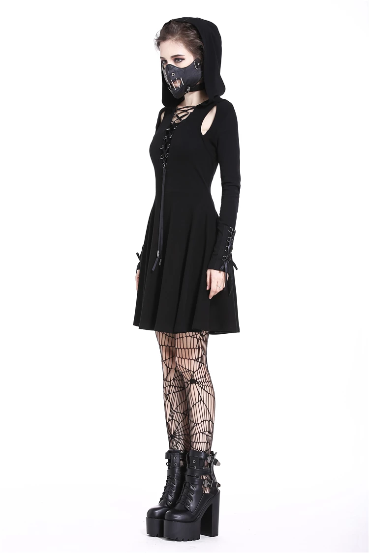 Dark In Love Dresses Slit Lace Up Sleeves Chest Pleated Punk Gothic Hooded Dress - Image 6
