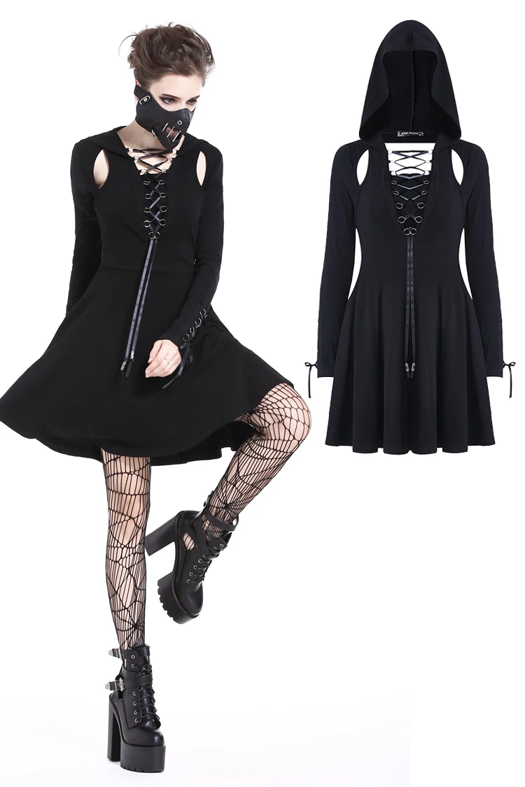 Dark In Love Dresses Slit Lace Up Sleeves Chest Pleated Punk Gothic Hooded Dress