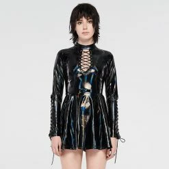 Punk Rave Dresses Solid Color Zip-Up Pleated Glitzy Streetwear Mini Dress