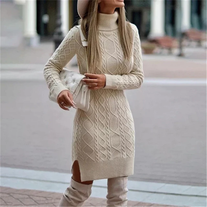 FashionSprout Dresses Solid Pattern Turtleneck Knitted Dress
