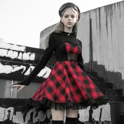 Punk Rave Dresses Gothic Punk Spaghetti Strap Plaid Patchwork Laced Up Mini Dress