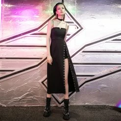 Punk Rave Dresses Gothic Punk Spaghetti Strap Slit Design Long Black Dress