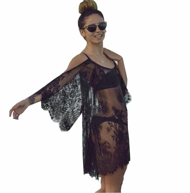 FashionSprout Dresses Boho Sheer Floral Lace Cold Shoulder Cover Up Dress - Image 4