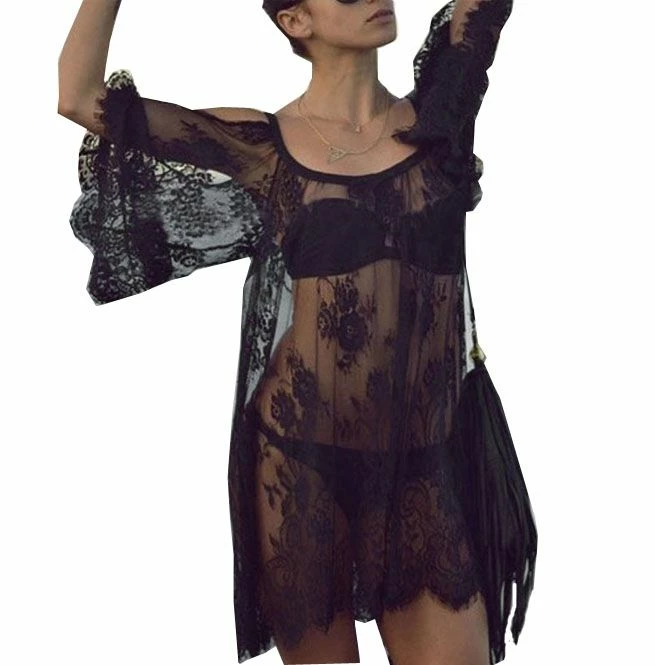 FashionSprout Dresses Boho Sheer Floral Lace Cold Shoulder Cover Up Dress - Image 5