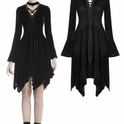Dark In Love Dresses Trumpet Sleeves Asymmetrical Hemline Lace Up Black Punk Gothic Dress