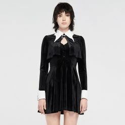 Punk Rave Dresses Vintage Turn Down Collar Button-Up Pleated Velvet Short Dress