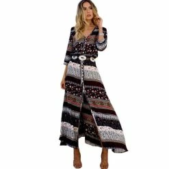 FashionSprout Dresses Vintage Retro Boho Floral Print Button Split Maxi Dress