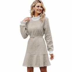 RebelsMarket Dresses Streetwear Vintage Retro Plaid Knitted Turtle Neck Ruffled Mini Dress