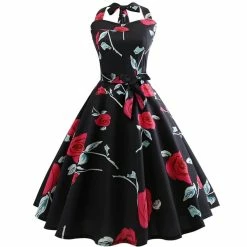 RebelsMarket Dresses Vintage Print Pattern Pleated Halter Neck Dress