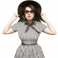 FashionSprout Dresses Punk Streetwear Vintage Retro Bow Collar Single Breast Stripe Dress