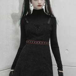 Punk Rave Dresses Waist Grommets Spaghetti Shoulder Strap Front Lacing Black Mini Dress