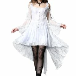 Dark In Love Dresses White Embroidered Floral Lace Buttons Ruffled Dove Tail Gothic Dress