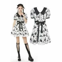 Dark In Love Dresses White Gothic Magic Cat Print Flared Mini Dress
