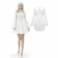 Dark In Love Dresses White Gothic Square Neckline Long Bell Sleeves Mini Dress