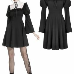 Dark In Love Dresses White Lace Up Chest Trumpet Sleeves Ruffled Mesh Cute Goth Chiffon Dress