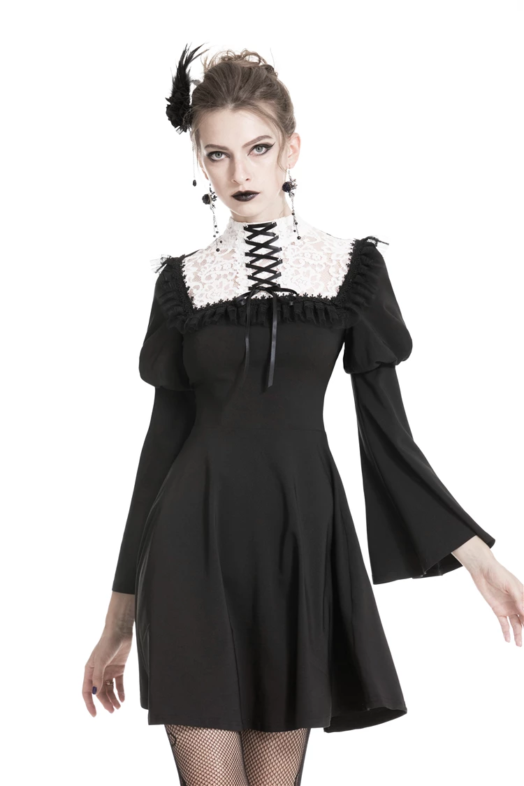 Dark In Love Dresses White Lace Up Chest Trumpet Sleeves Ruffled Mesh Cute Goth Chiffon Dress - Image 4